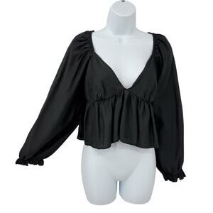 Idem Ditto Cropped Babydoll Top Large Black Balloon Sleeves Witchy Fairy Y2K